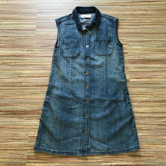 Lola Jeans Sleeveless Denim Knee Length Shift Dress with Pockets - Picture 3 of 6